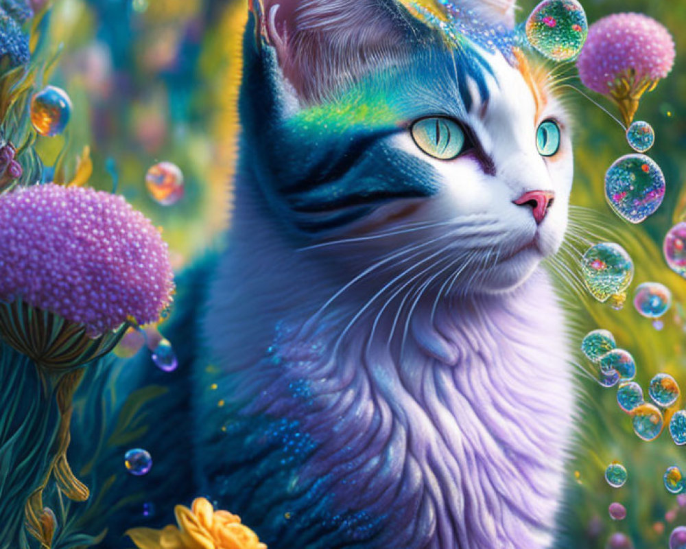 Colorful Cat Digital Artwork in Whimsical Landscape with Bubbles and Flora