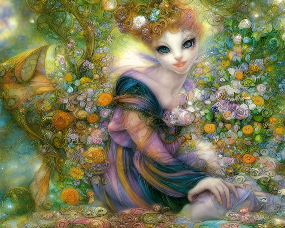 Ethereal fantasy illustration of whimsical female figure with floral motifs