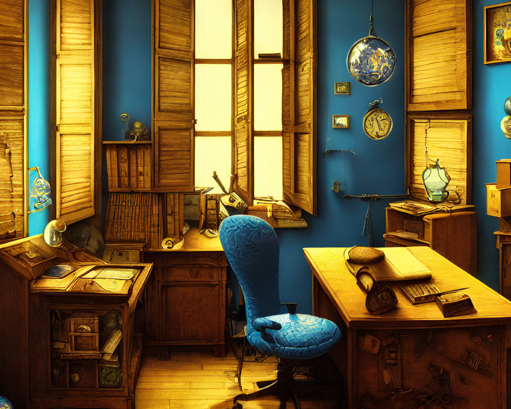 Classic Study Room with Wooden Shutters, Desk, Chair, Bookshelves, and Globes in