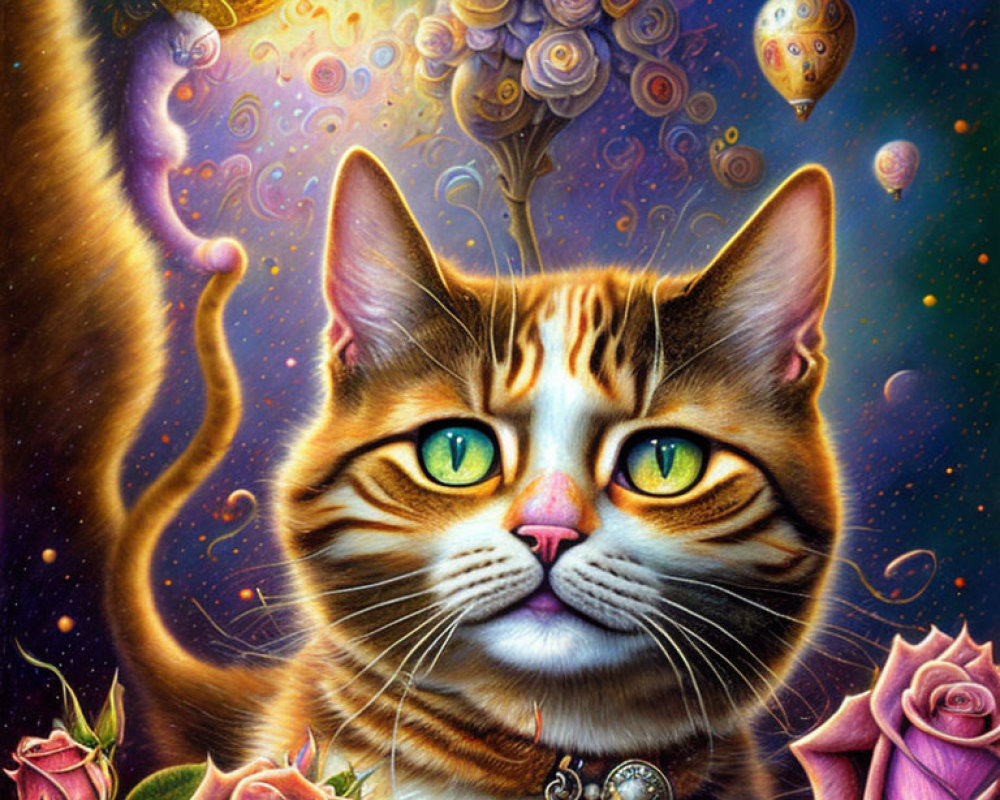 Colorful Tabby Cat Artwork with Cosmic Background and Roses