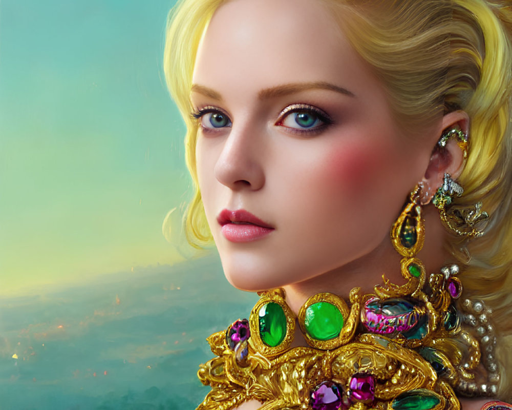 Blonde Woman with Ornate Jewelry in Sunset Landscape