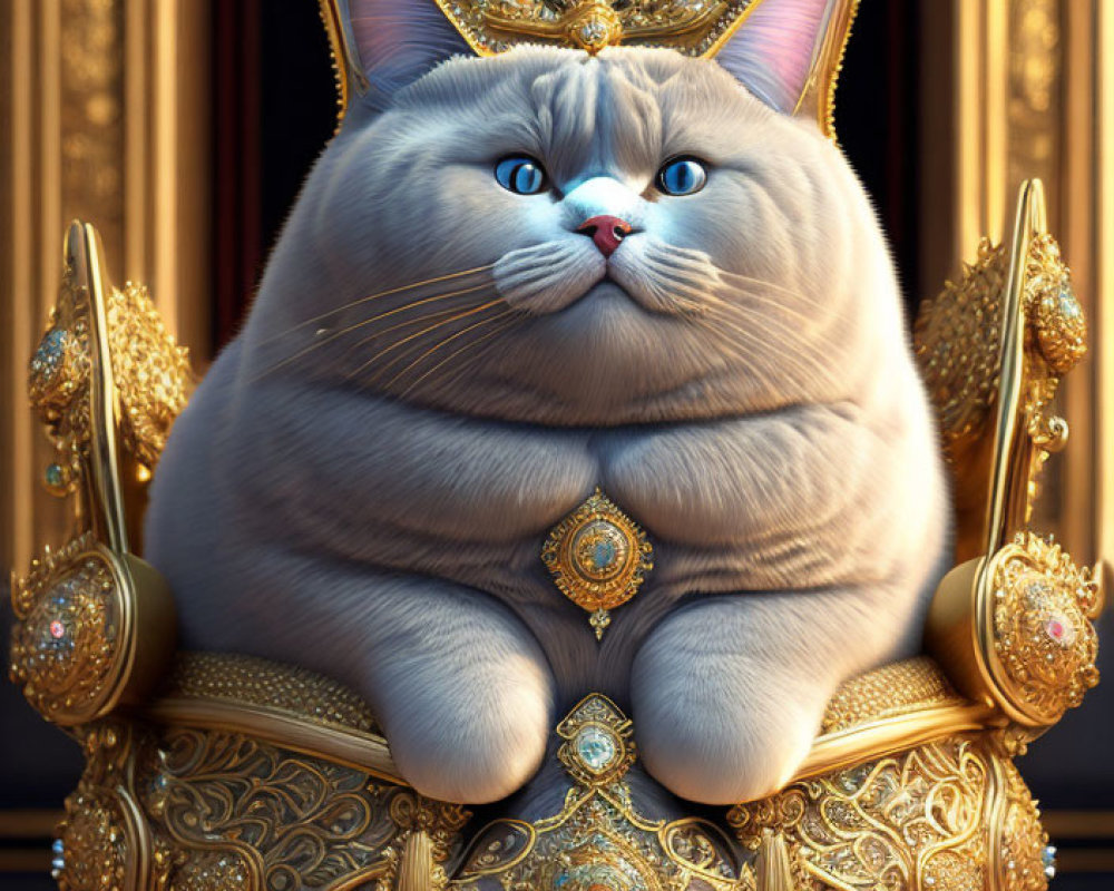 Chubby Cat with Blue Eyes on Golden Throne