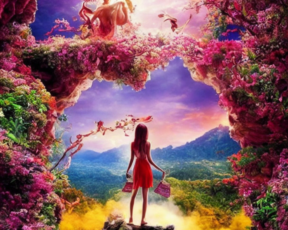 Girl on Rock Observing Vibrant Fantasy Landscape