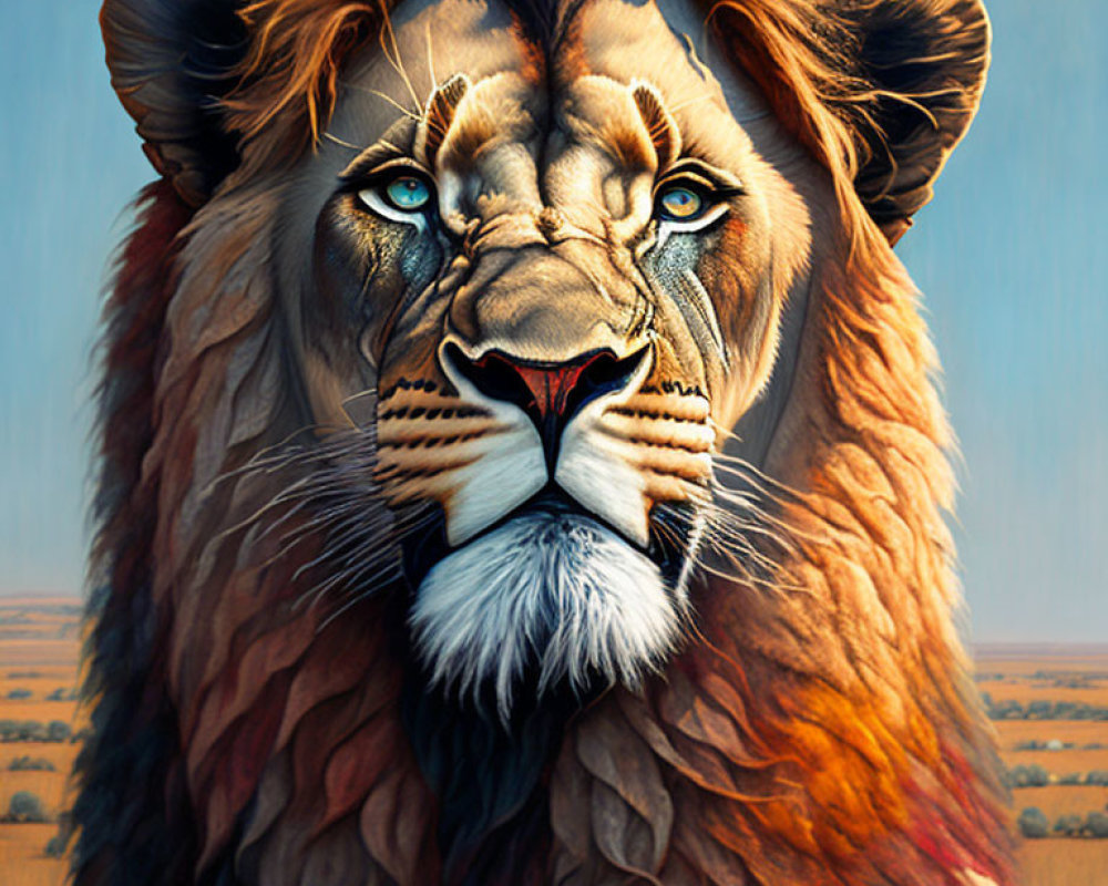 Realistic Lion and Butterfly Painting on Savanna Background