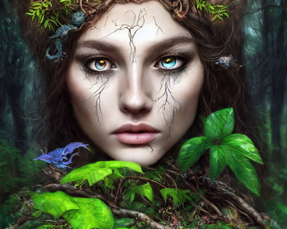 Face of a woman blending into lush foliage with vibrant eyes