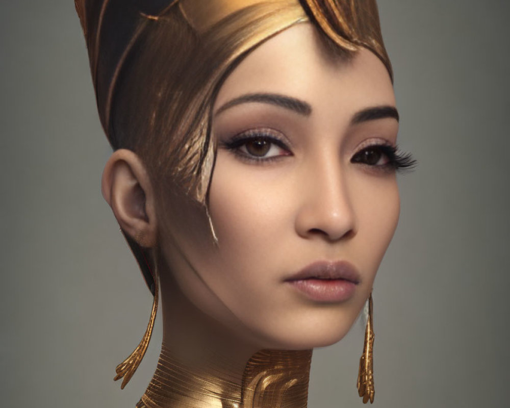 Woman portrait with golden headgear, ornate neckpiece, and serene expression