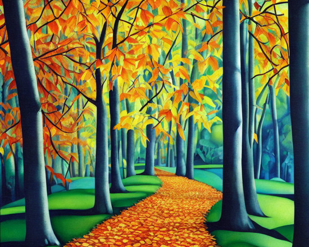 Vibrant autumn forest painting with golden leaves and blue tree trunks