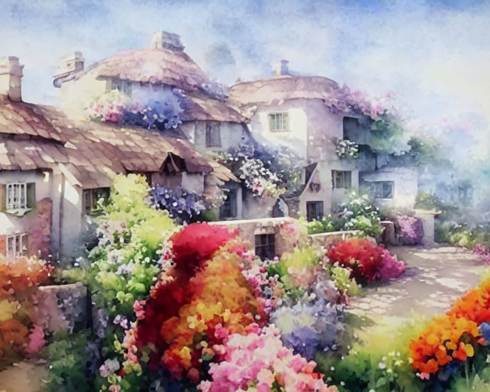 Vibrant watercolor painting of a quaint village scene