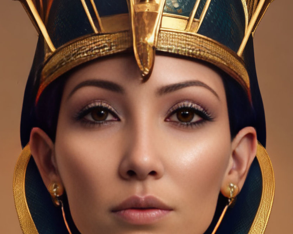 Digital artwork: Woman as Egyptian pharaoh with gold and lapis lazuli headdress on tan background