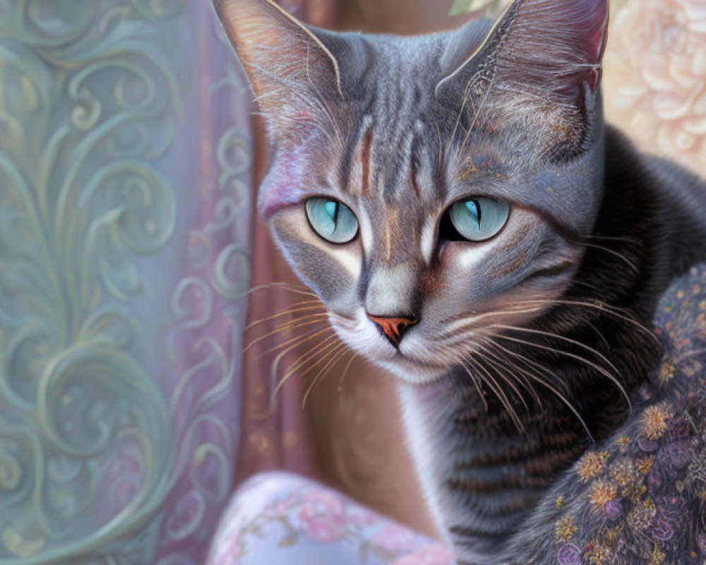 Detailed Illustration of Grey Tabby Cat with Peacock Feather Cloak