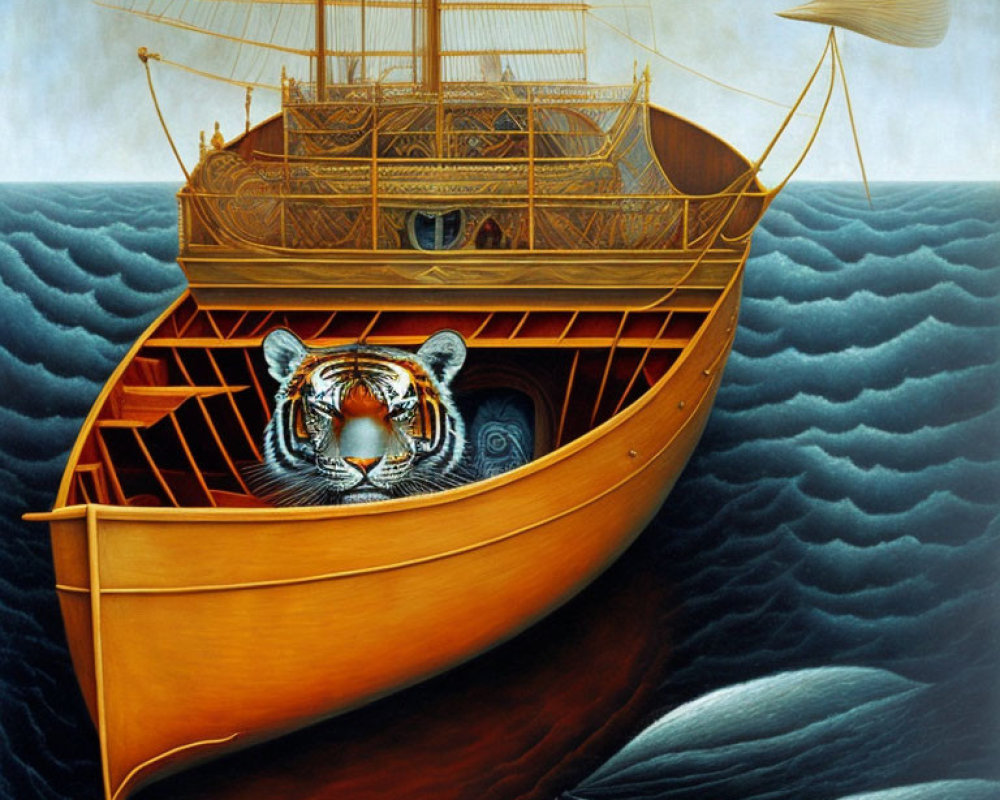 Surreal painting of tiger face on boat hull with ship and whale