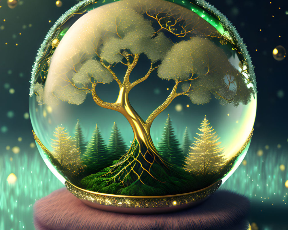 Glowing tree in transparent sphere amid night forest and starry sky