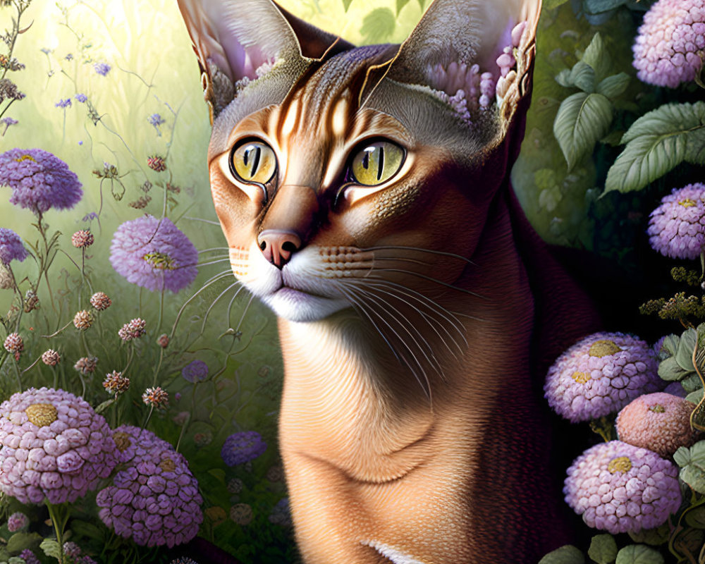 Realistic digital artwork of amber-eyed cat in lush floral setting