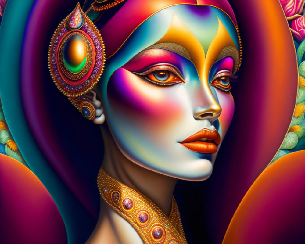 Colorful surreal digital portrait of woman with gem-studded accessories