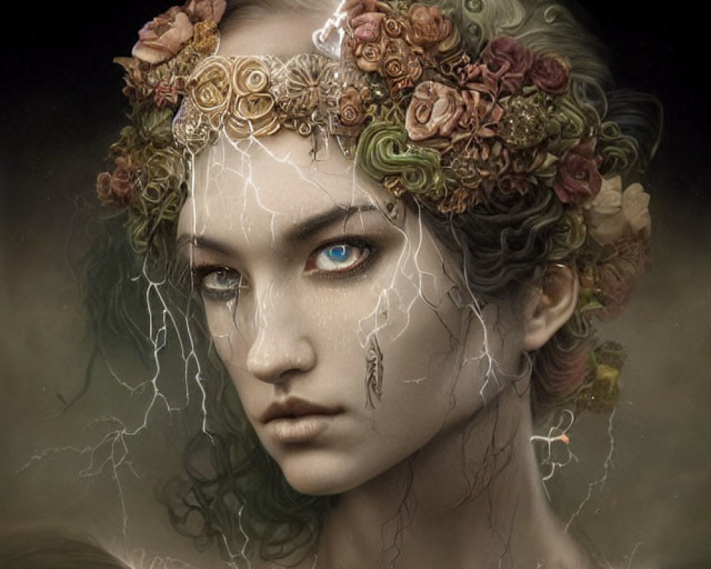 Portrait of person with floral crown and lightning, featuring striking blue eye on dark backdrop