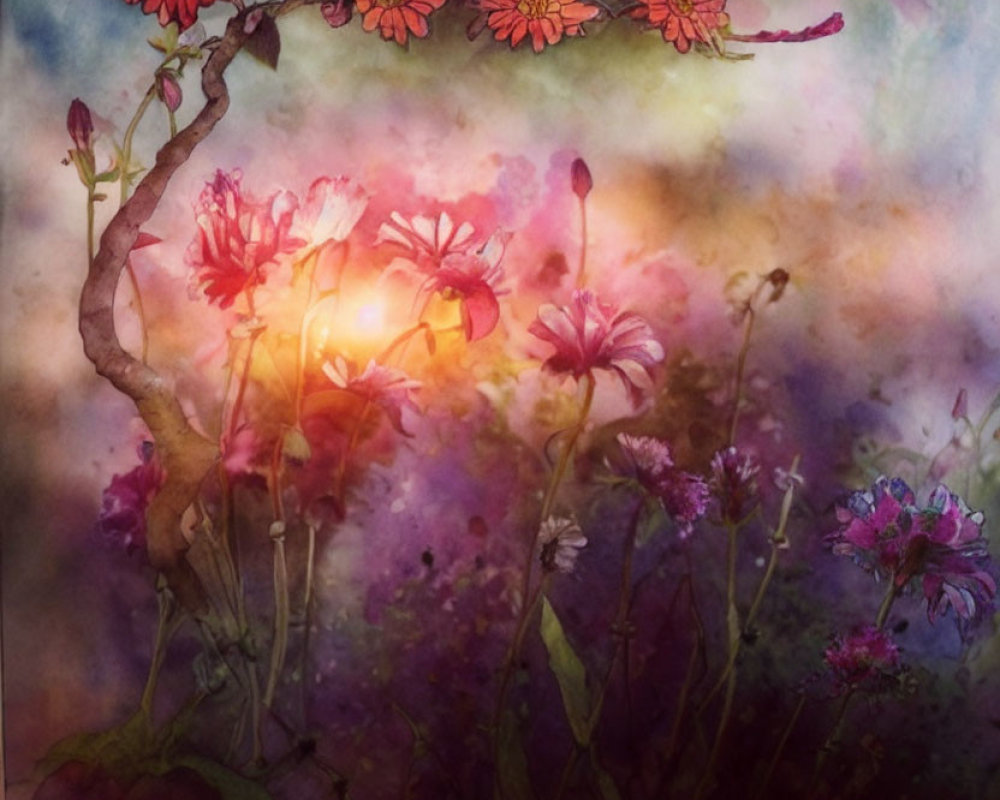 Colorful Flower Illustration with Ethereal Backdrop and Soft Sunlight