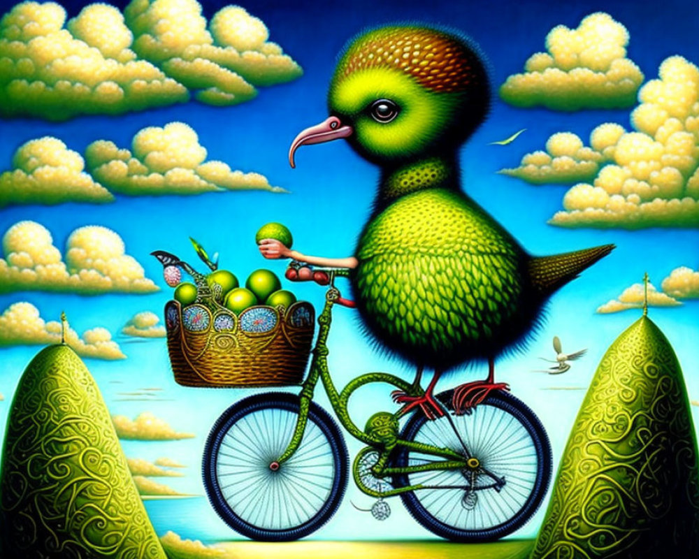 Green bird on bicycle with fruit basket in yellow cloud setting.