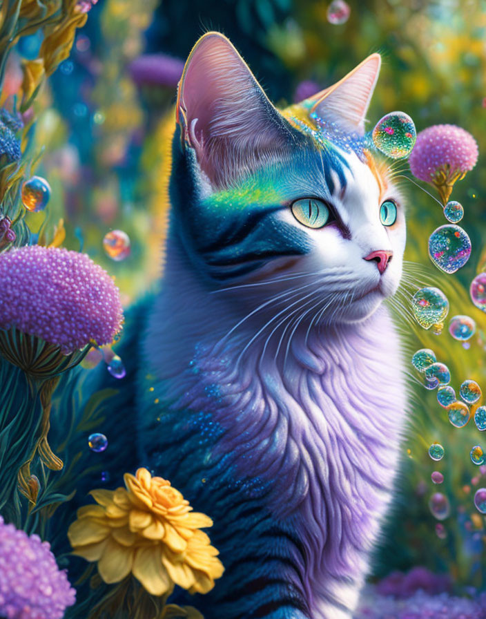 Colorful Cat Digital Artwork in Whimsical Landscape with Bubbles and Flora