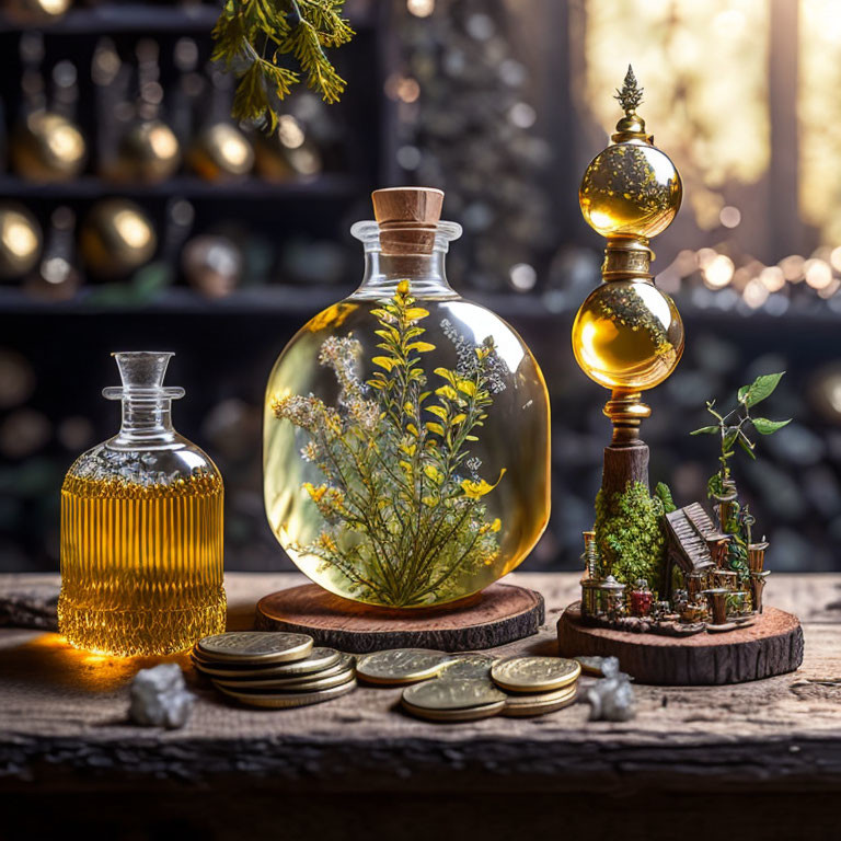 Ornate glass bottles with plant, coins on wooden surface