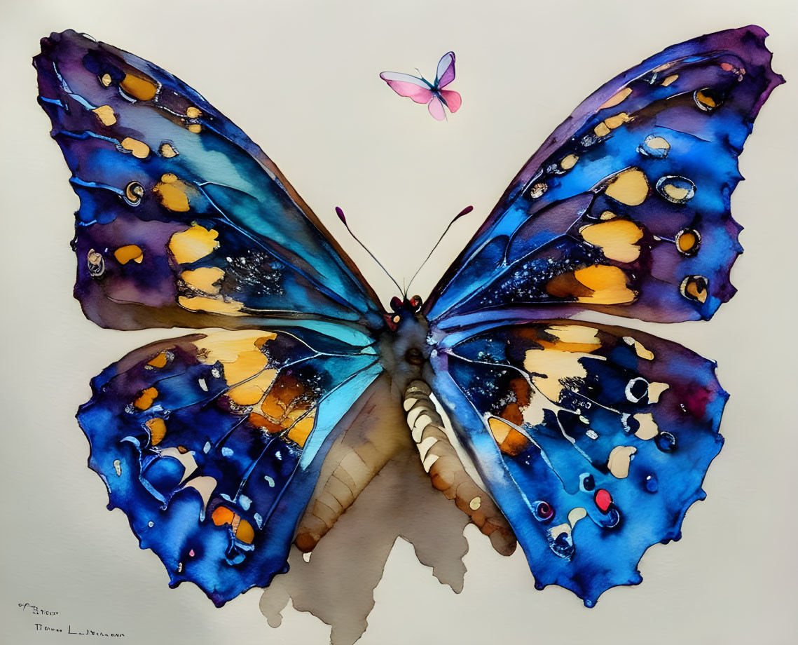 Colorful Watercolor Painting of Butterfly with Blue and Yellow Wings