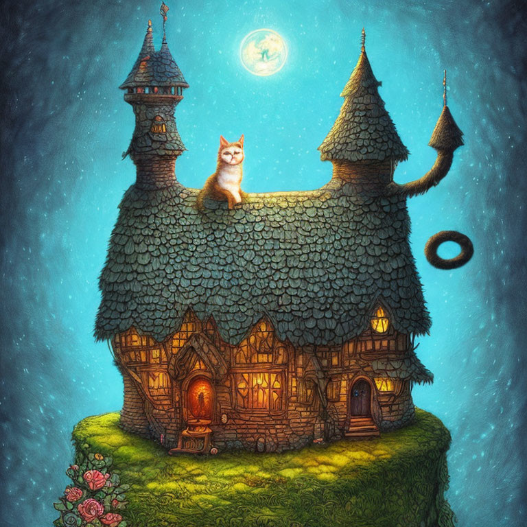 Orange Cat on Fairy-Tale Cottage Under Moonlit Sky