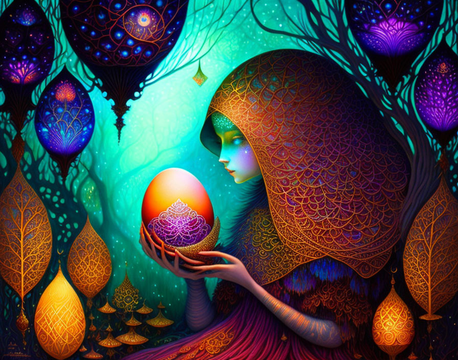 Colorful forest scene with person holding glowing orb