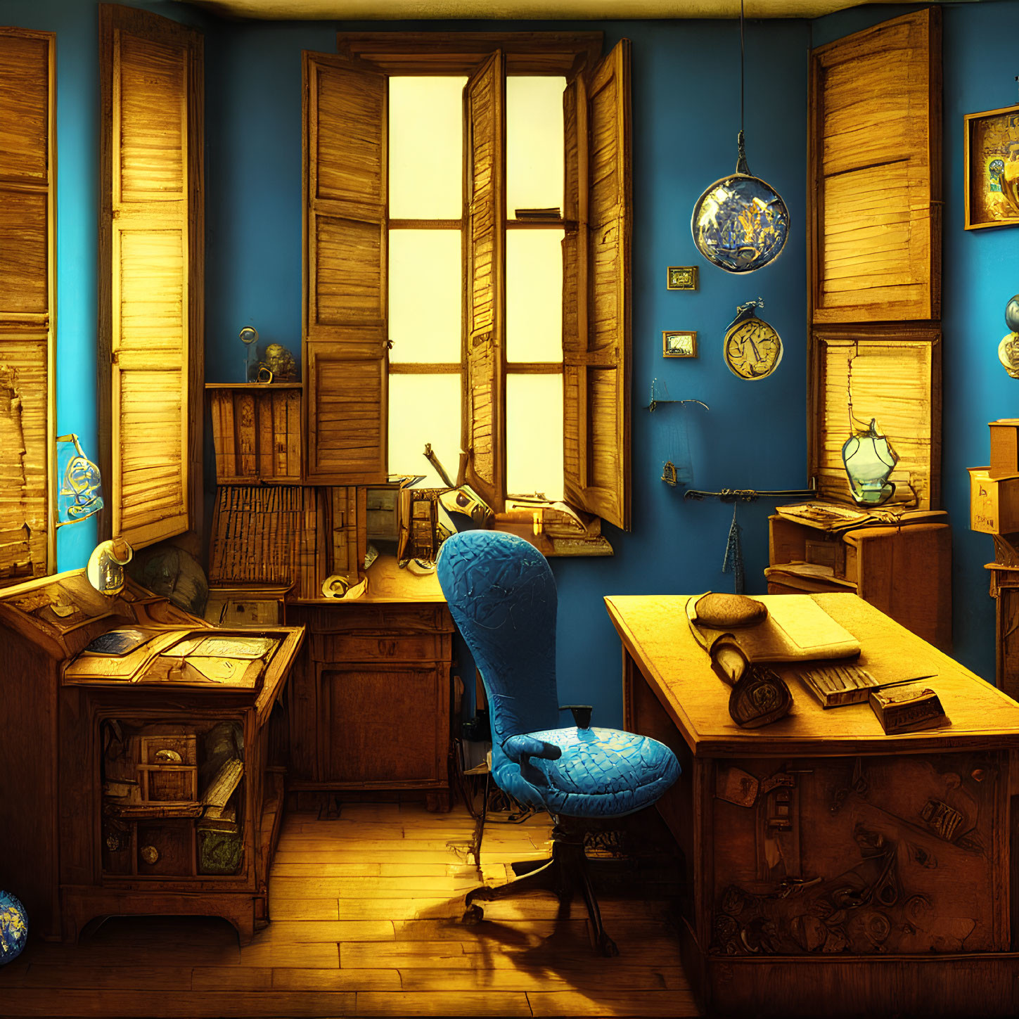 Classic Study Room with Wooden Shutters, Desk, Chair, Bookshelves, and Globes in