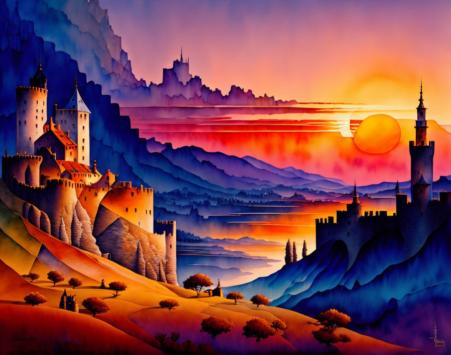 Vibrant fantasy landscape painting with castles and sunset