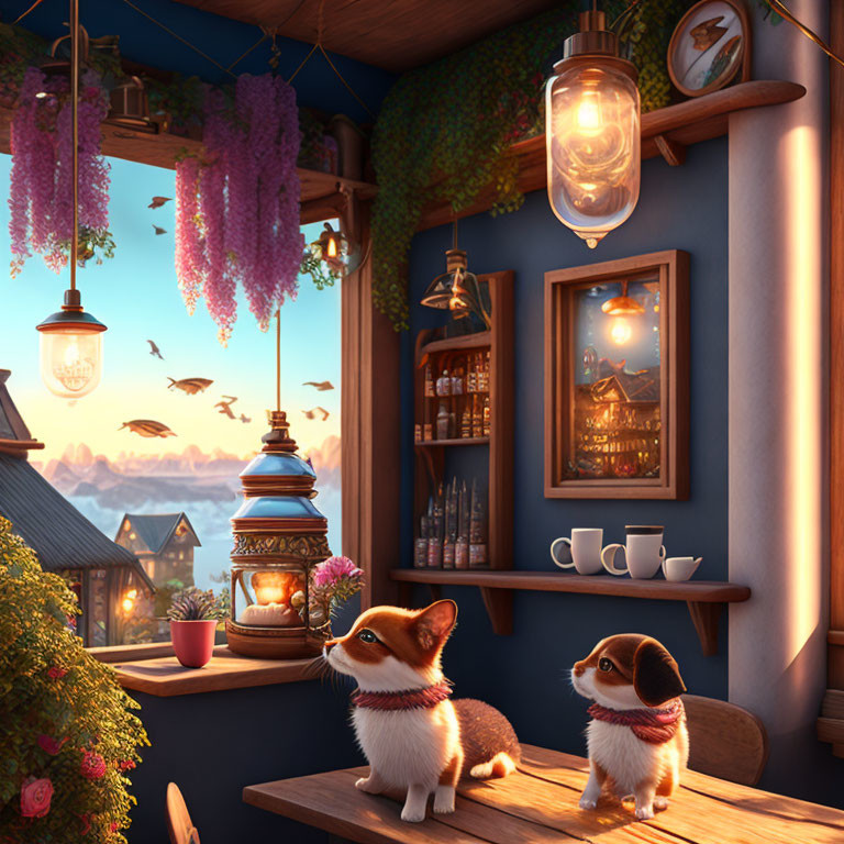 Two corgis on balcony with hanging plants, lights, scenic view, birds flying at sunset