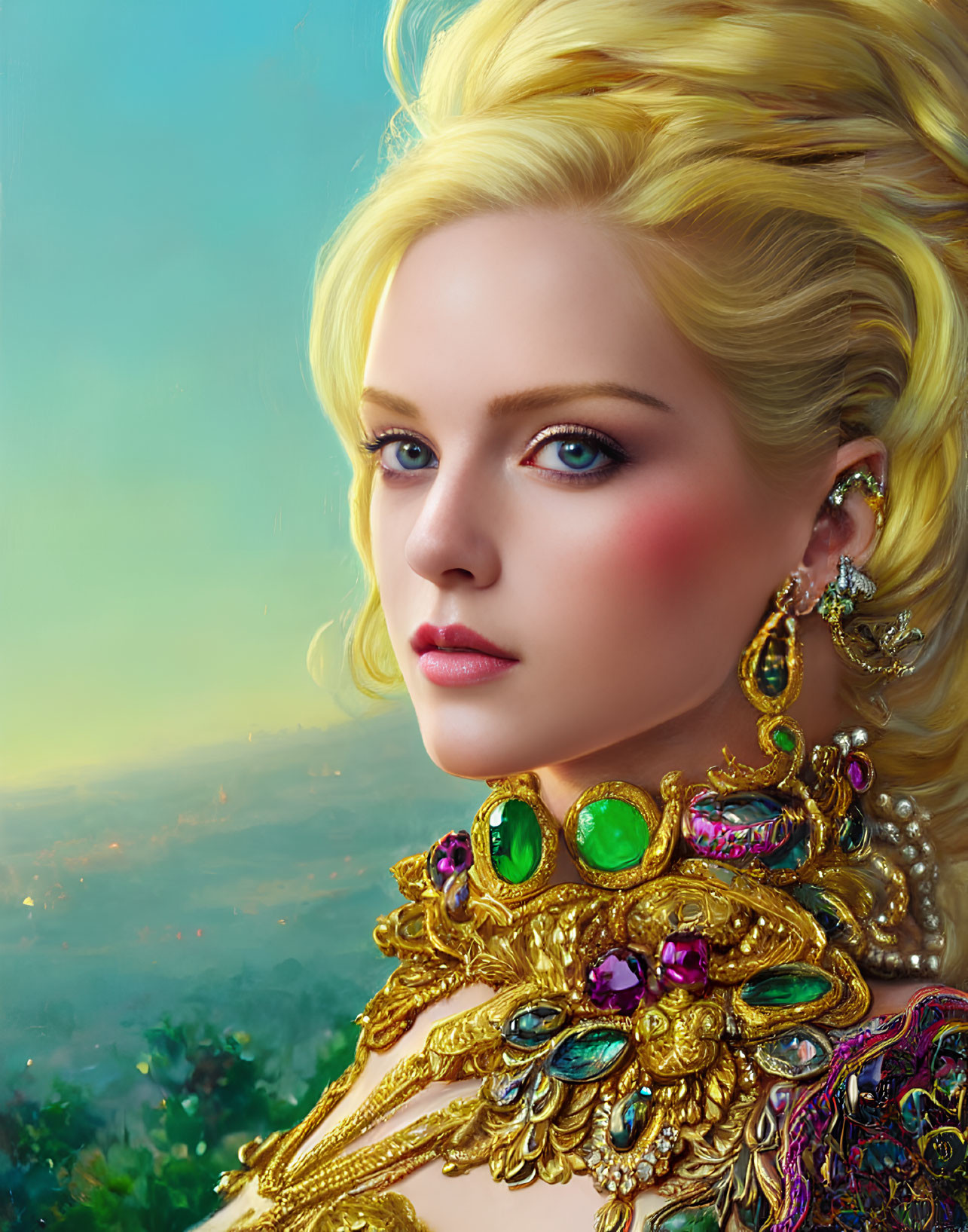 Blonde Woman with Ornate Jewelry in Sunset Landscape