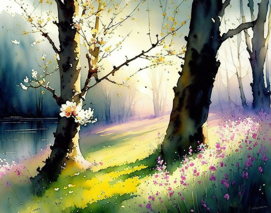 Sunlit trees, meadow, and lake in watercolor art