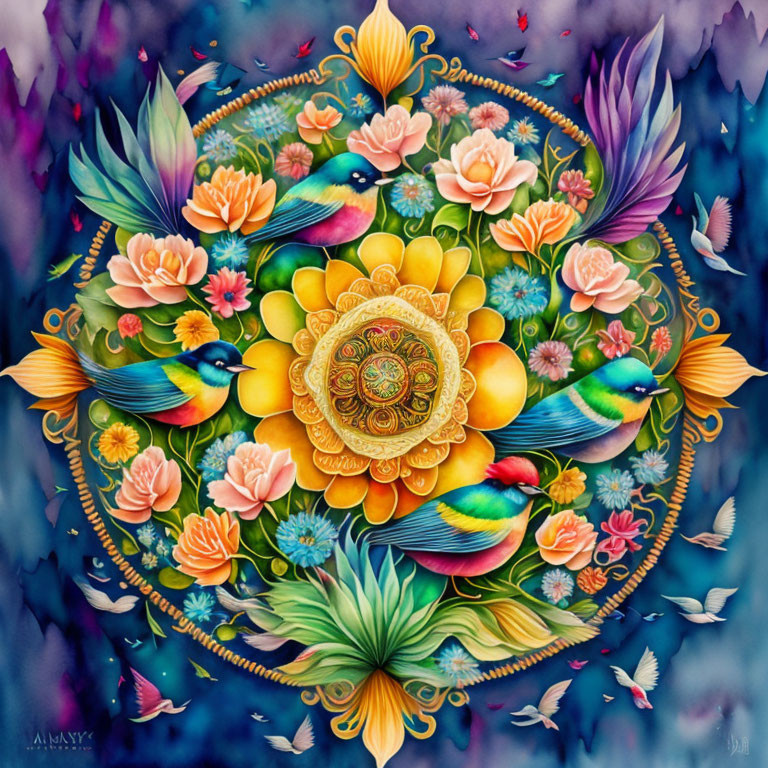 Colorful symmetrical floral mandala with birds and ornate petals