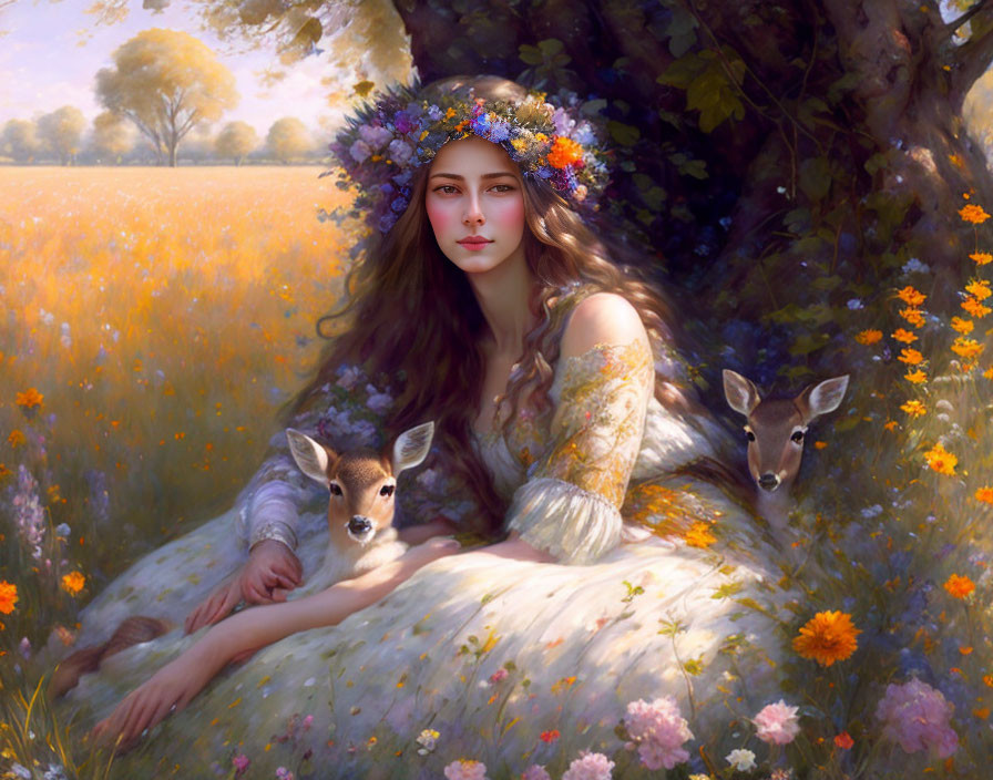 Woman with floral wreath in sunlit meadow with deer - serene fairytale scene