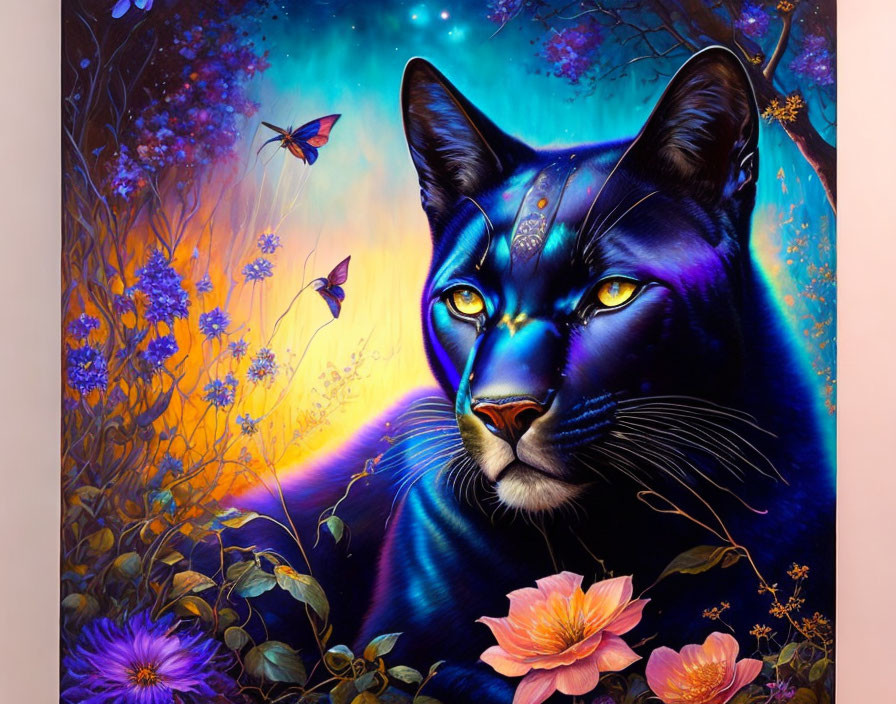 Blue-Hued Panther in Magical Forest with Glowing Eyes