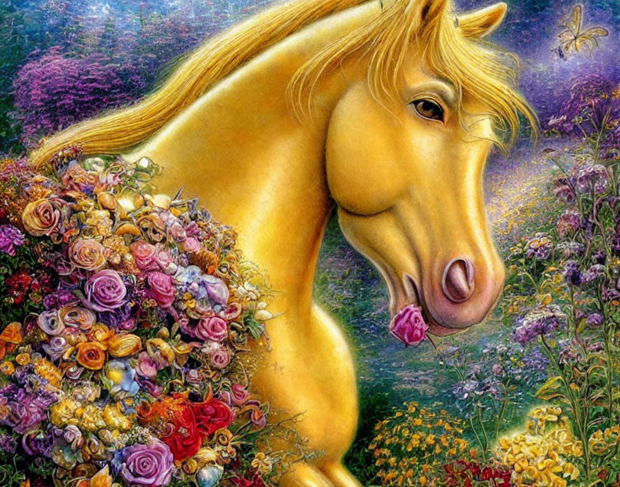 Golden horse with flower mane in vibrant floral setting