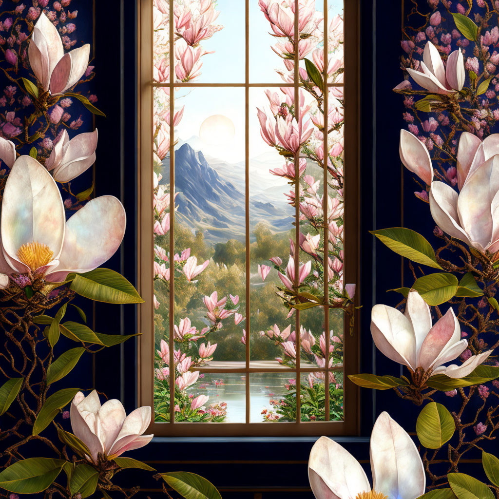 Mountain landscape at sunrise framed by blooming magnolia flowers