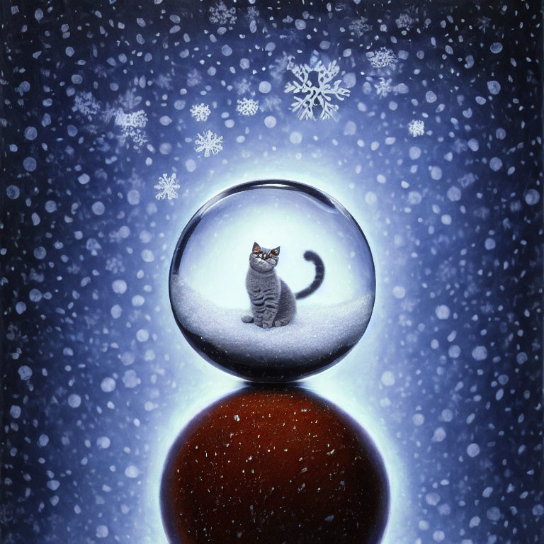 Snow Globe Cat Sitting in Winter Wonderland Scene