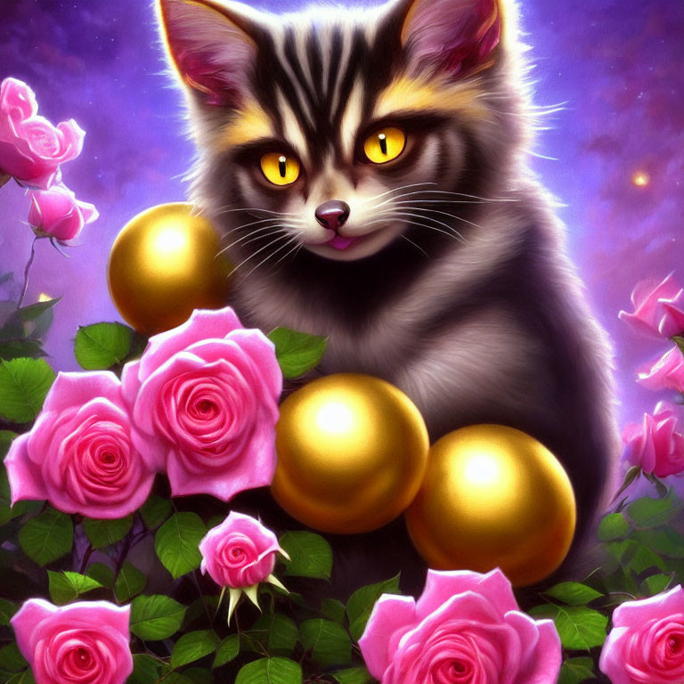 Fluffy cat with yellow eyes among pink roses and golden orbs on purple background