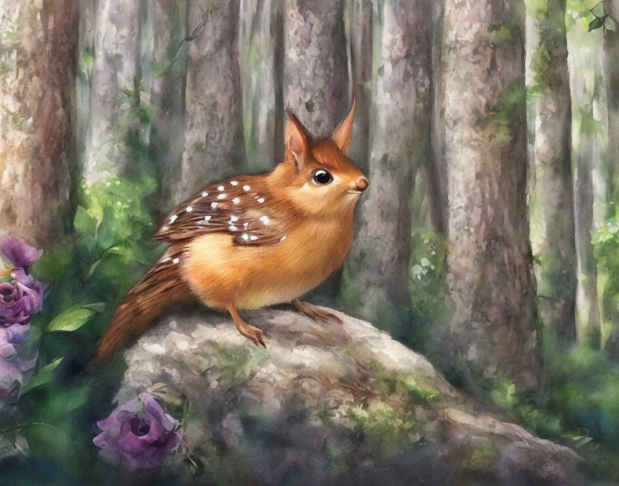 Whimsical bird-bodied creature with squirrel head among purple flowers & trees