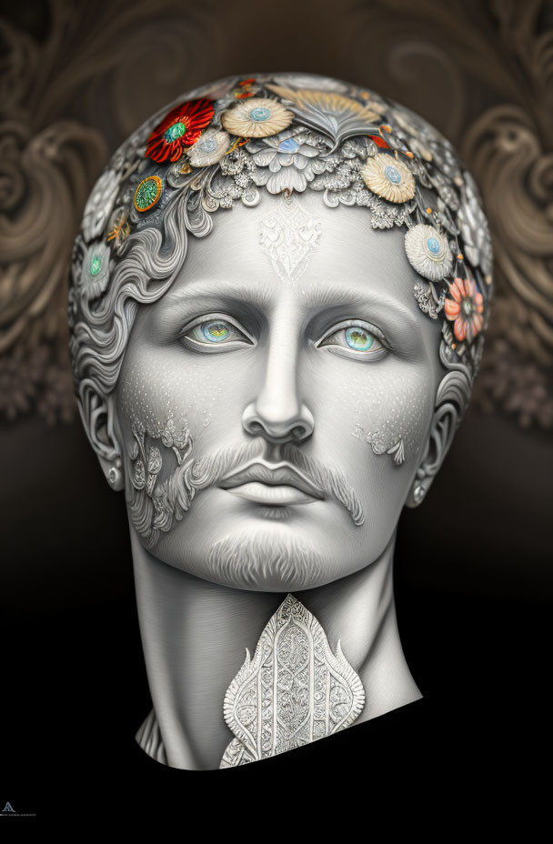 Monochrome classical bust with floral patterns and jewel-like decorations