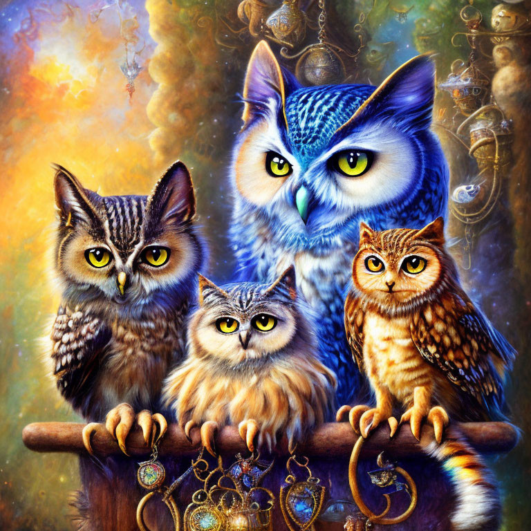 Vividly colored owls on branch with human-like eyes and whimsical background