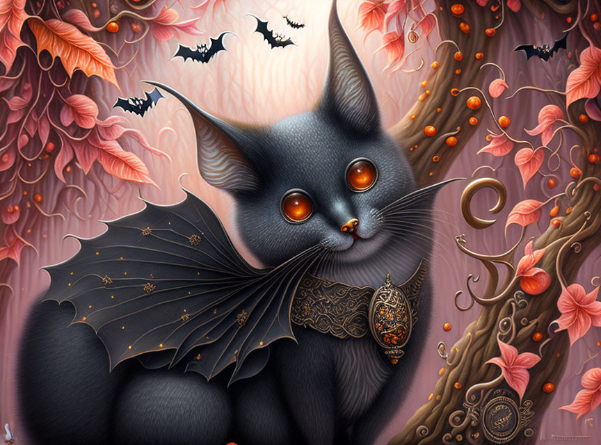 Grey Cat with Glowing Orange Eyes and Bat-Like Wings Surrounded by Bats and Autumnal