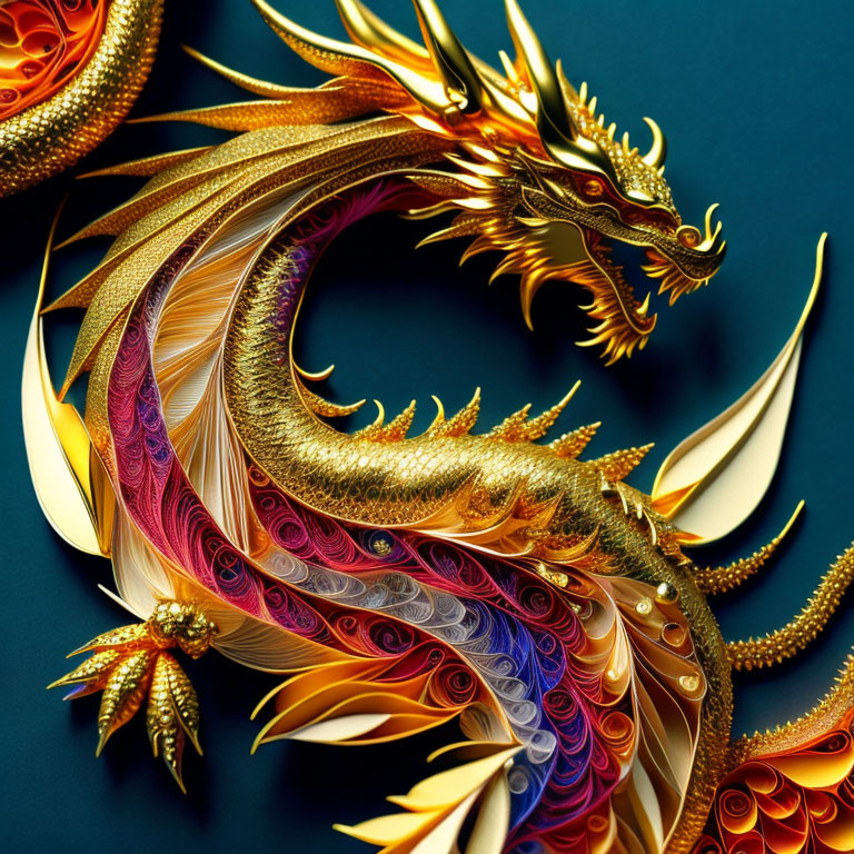 Golden dragon with colorful mane on dark teal background