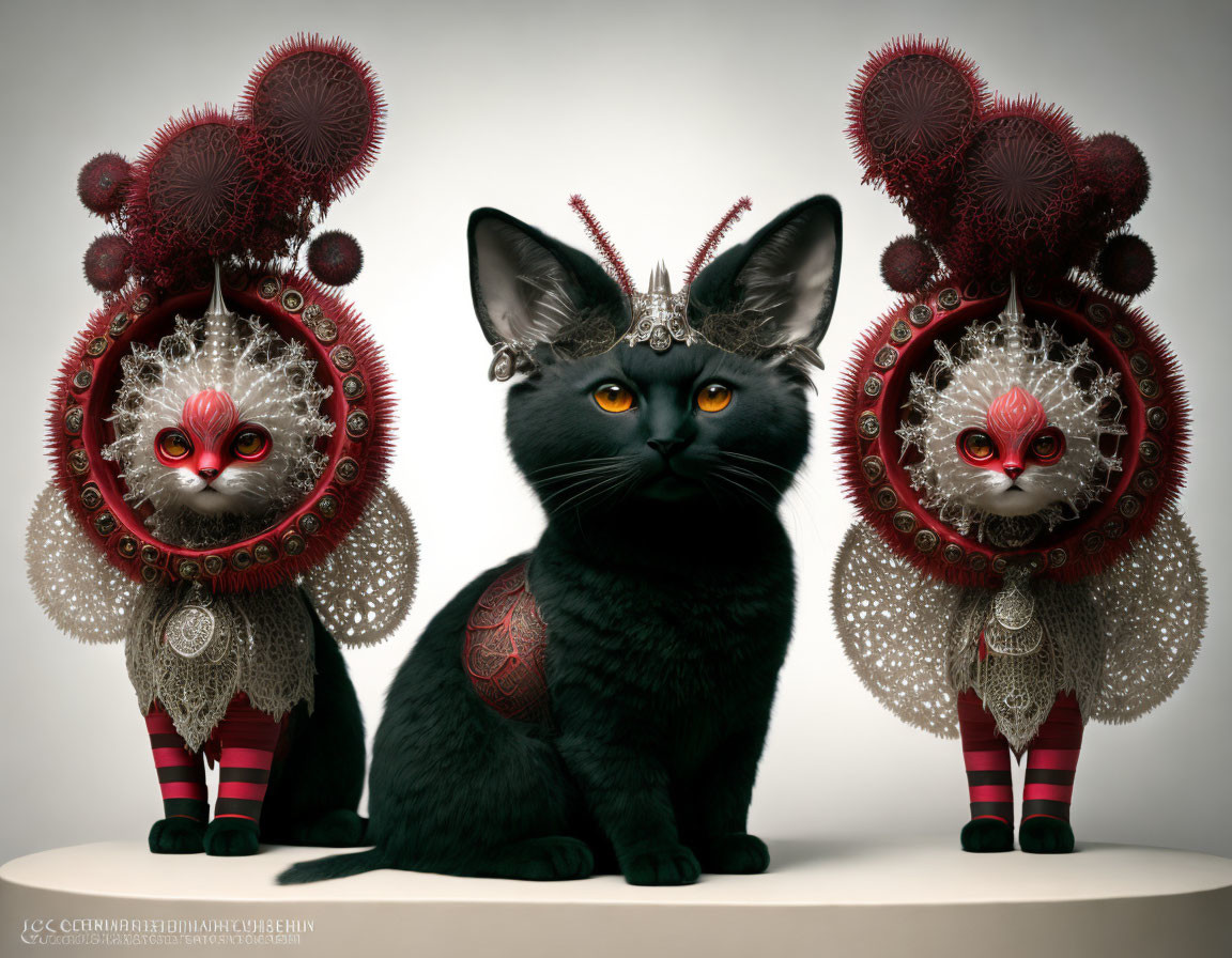 Three black cats in ornate costumes with red eyes and metallic crowns and ruffs.