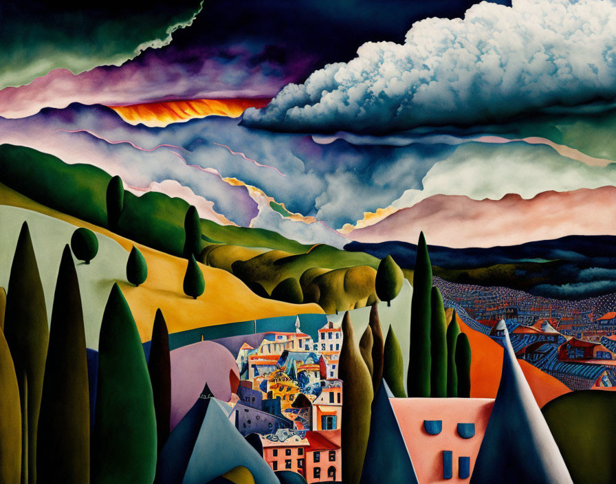 Vibrant surrealist landscape with colorful village and dramatic sky