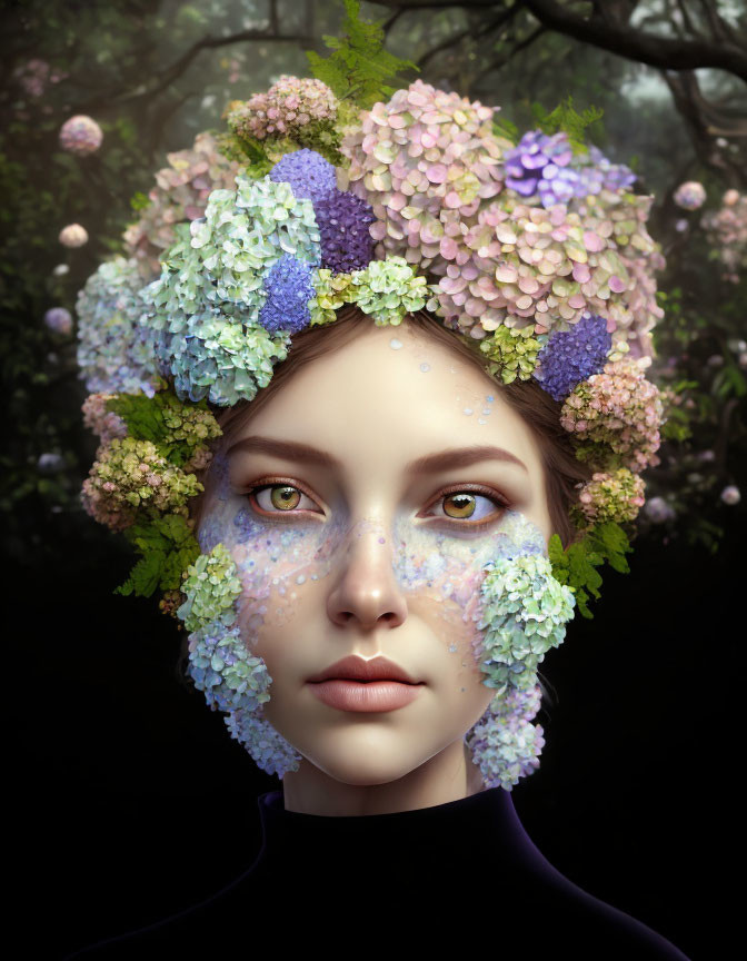 Woman Wearing Floral Headdress in Dark Forest