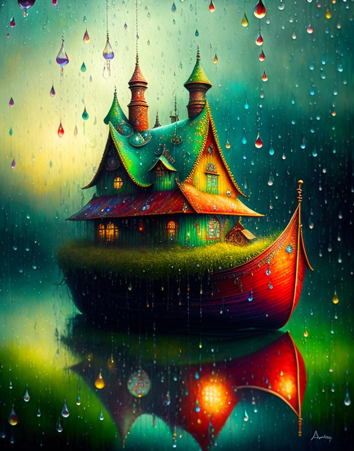 Vibrant fantasy house with boat-like base in rain shower