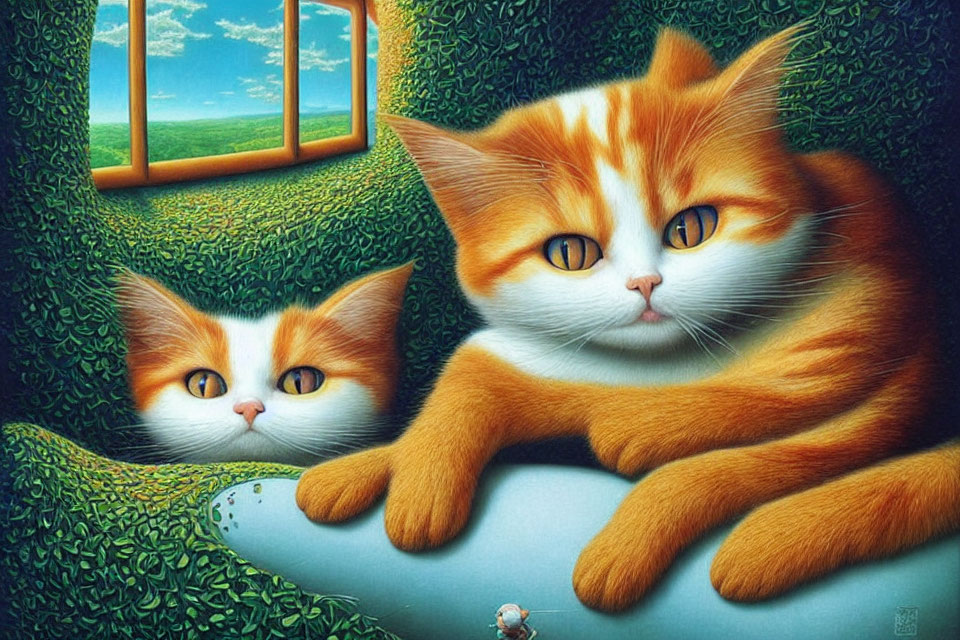 Two orange and white cats with striking eyes in surreal green landscape.