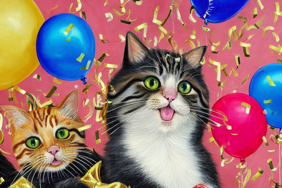 Illustrated cats with expressive faces and party hat surrounded by colorful balloons and confetti