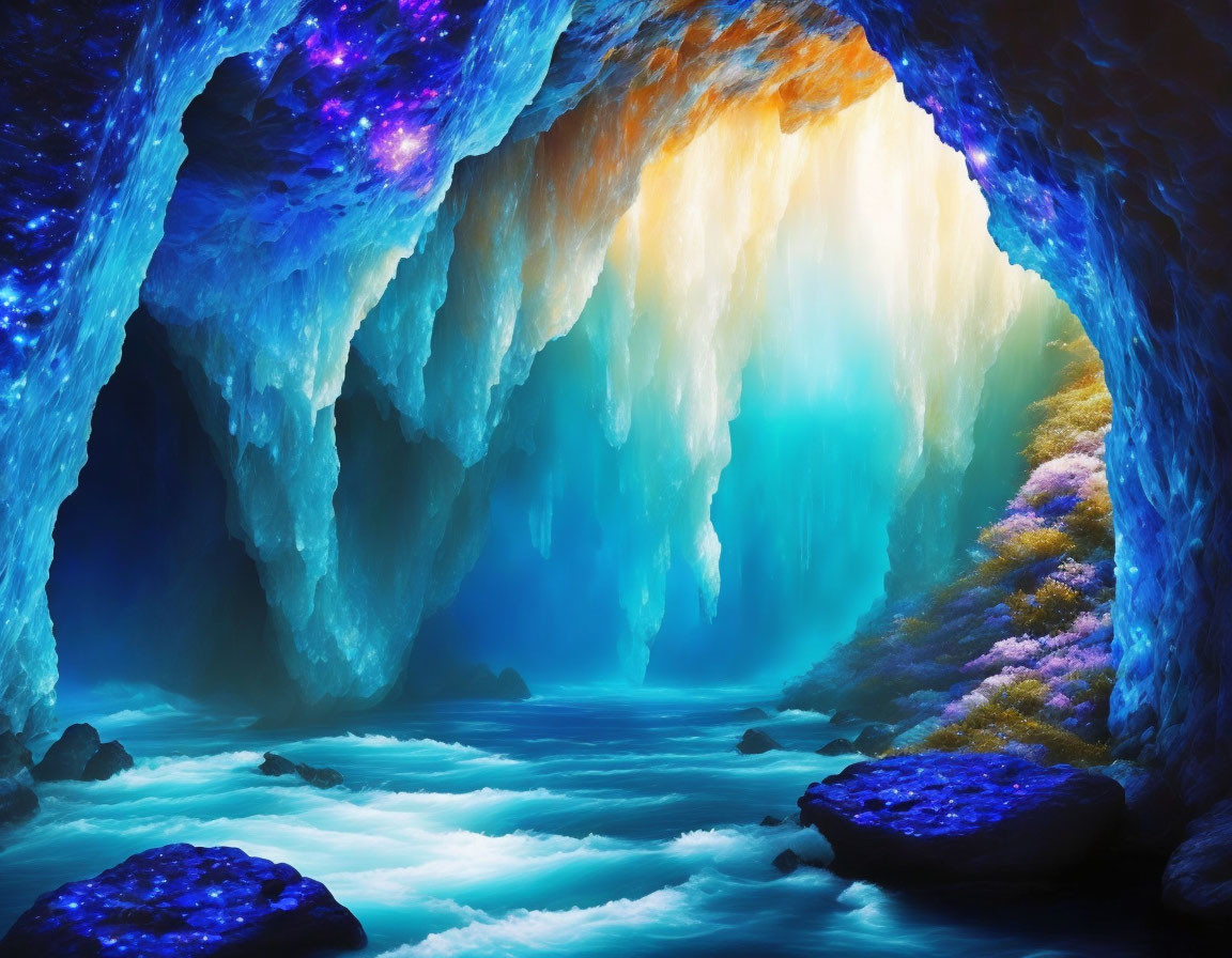 Surreal cave with flowing river and ethereal lights